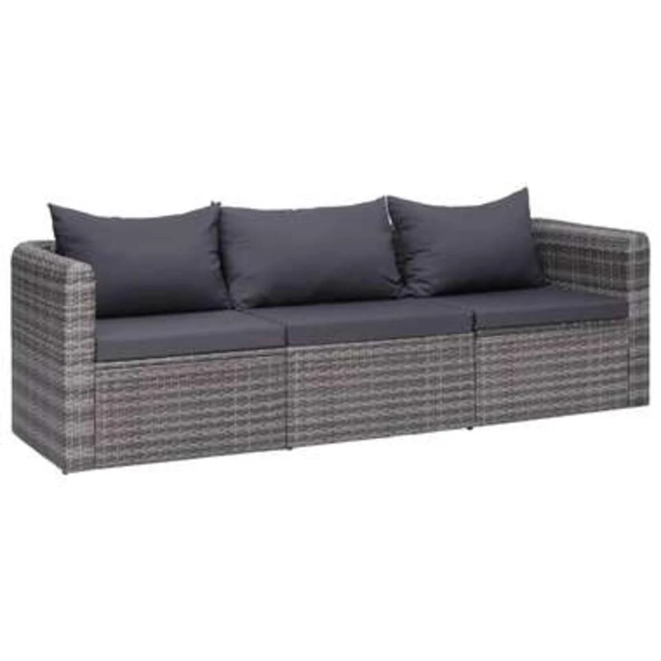 VidaXL 3-delige Loungeset Met Kussens Poly Rattan Grijs 3 VidaXL 3-delige Loungeset Met Kussens Poly Rattan Grijs