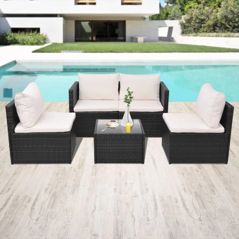 VidaXL 5-delige Loungeset Met Kussens Poly Rattan Zwart 4 VidaXL 5-delige Loungeset Met Kussens Poly Rattan Zwart - Afbeelding 2