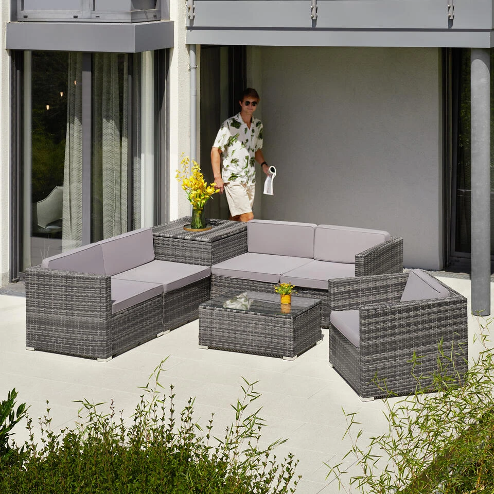 Tectake - Loungeset Pisa Met Opbergbox Kussens - Wicker - Grijs 4 Tectake - Loungeset Pisa Met Opbergbox Kussens - Wicker - Grijs - Afbeelding 2