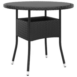 VidaXL Tuintafel Ø80x75 Cm Gehard Glas En Poly Rattan Zwart