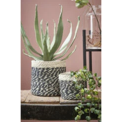 Mica Decorations Plantenmand - Naturel Met Zwart - Rotan - 14 X 14 Cm -Tuinmeubelwinkel 1827126419 0103